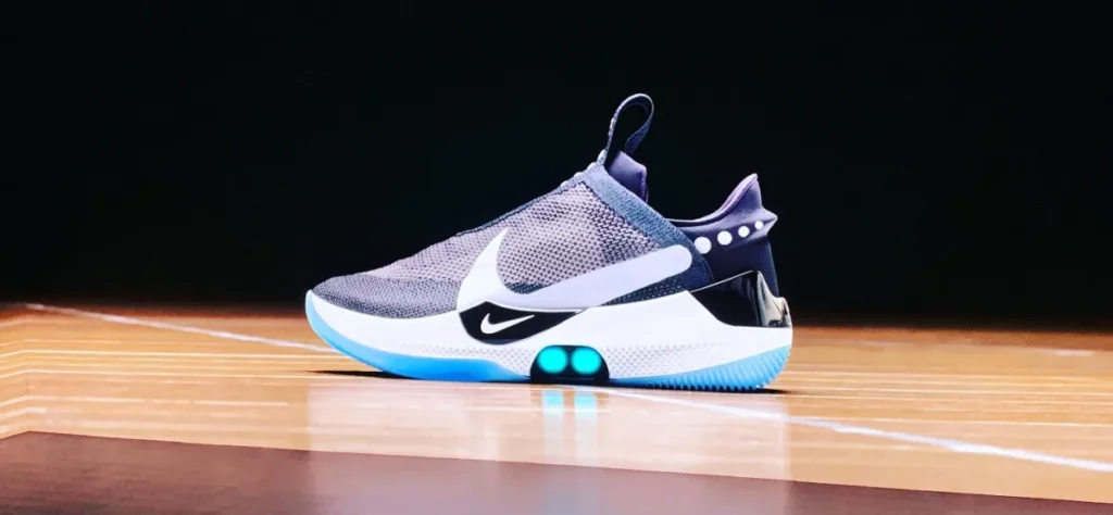 Nike's Adapt BB
https://www.google.com/url?sa=i&url=https%3A%2F%2Ftechcrunch.com%2F2019%2F01%2F17%2Fnikes-auto-laced-future%2F&psig=AOvVaw0kcBXhc9k6L8A3ttBnLfte&ust=1720506816320000&source=images&cd=vfe&opi=89978449&ved=0CBQQjhxqFwoTCMDyicrplocDFQAAAAAdAAAAABAJ 